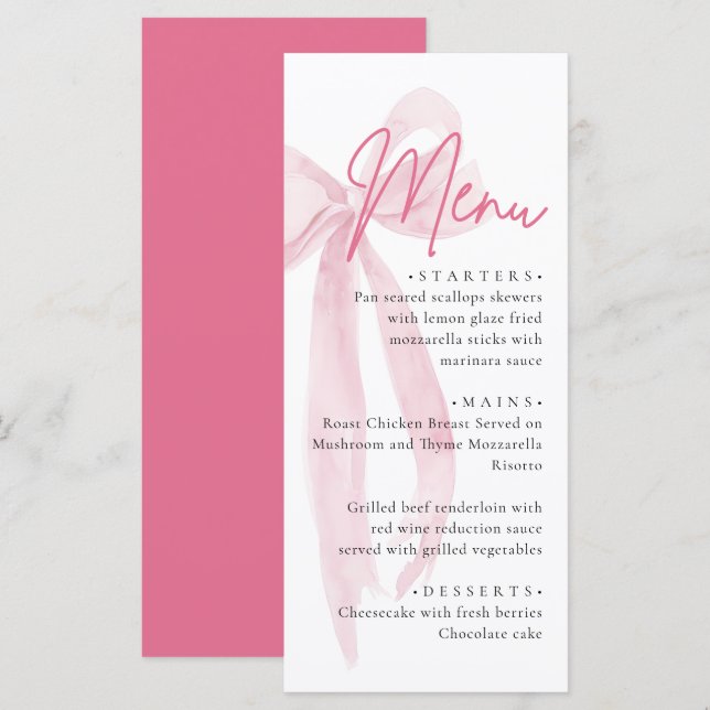 Pink Bow She's Tying the Knot Bridal Shower Menu (Front/Back)