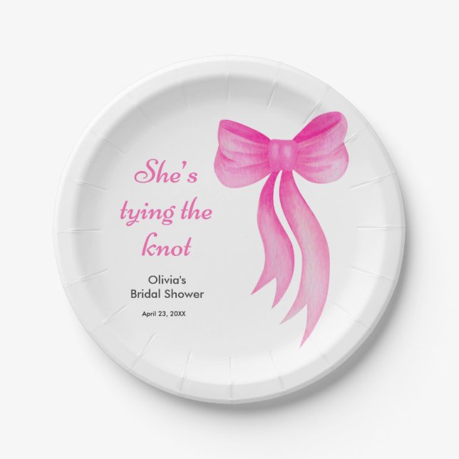 Pink Bow She's Tying the Knot Bridal Shower  Paper Plate (Front)