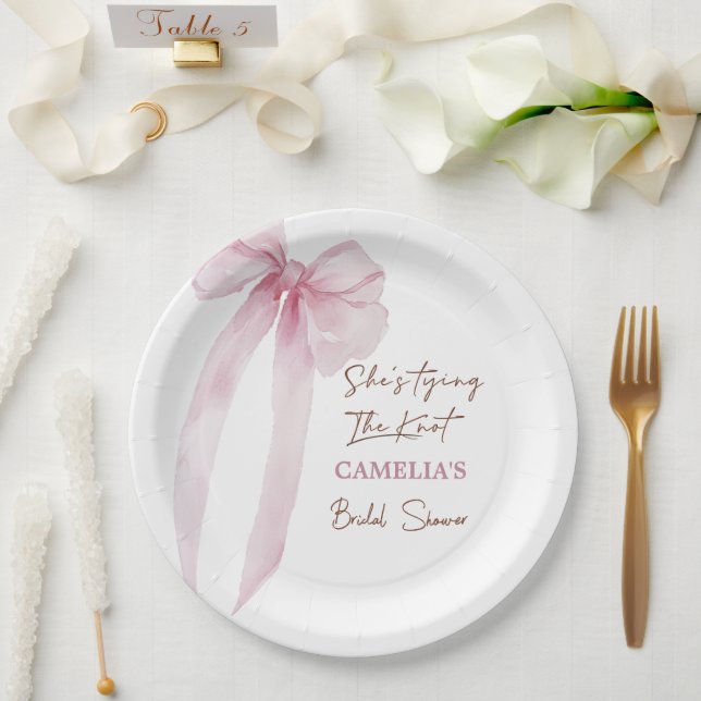 Pink Bow She's Tying The Knot Bridal Shower Paper Plate (Wedding)