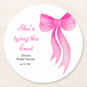 Pink Bow She's Tying the Knot Bridal Shower Round Paper Coaster