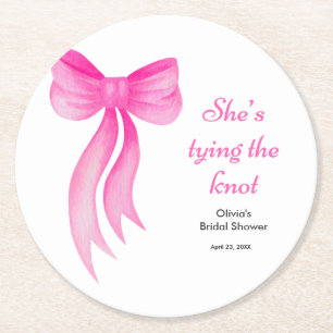 Pink Bow She's Tying the Knot Bridal Shower Round Paper Coaster