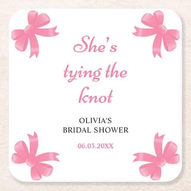 Pink Bow She's Tying The Knot Bridal Shower Square Paper Coaster (Front)