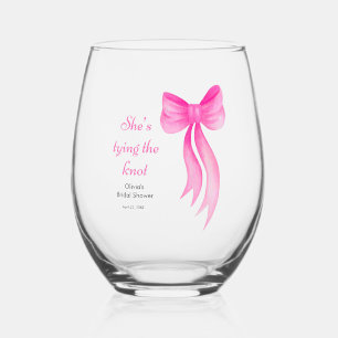 Pink Bow She's Tying the Knot Bridal Shower Stemless Wine Glass