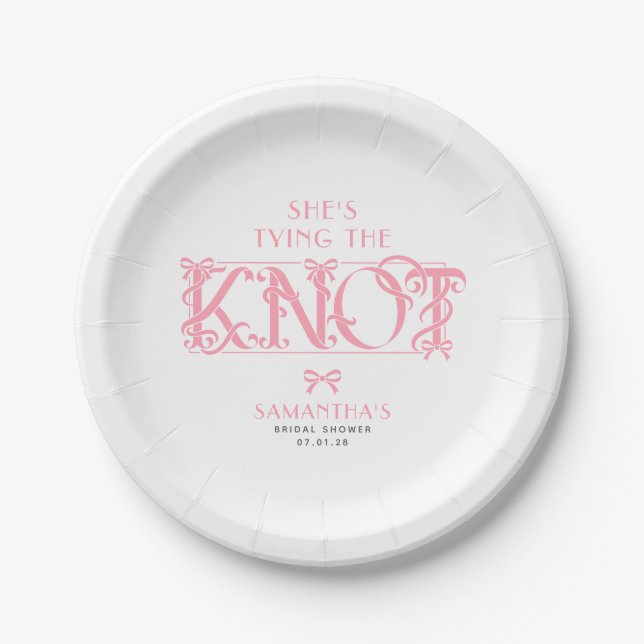 Pink Bow She's Tying the Knot Chic Bridal Shower Paper Plate (Front)