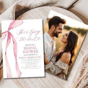 Pink Bow She's Tying the Knot Photo Bridal Shower Invitation