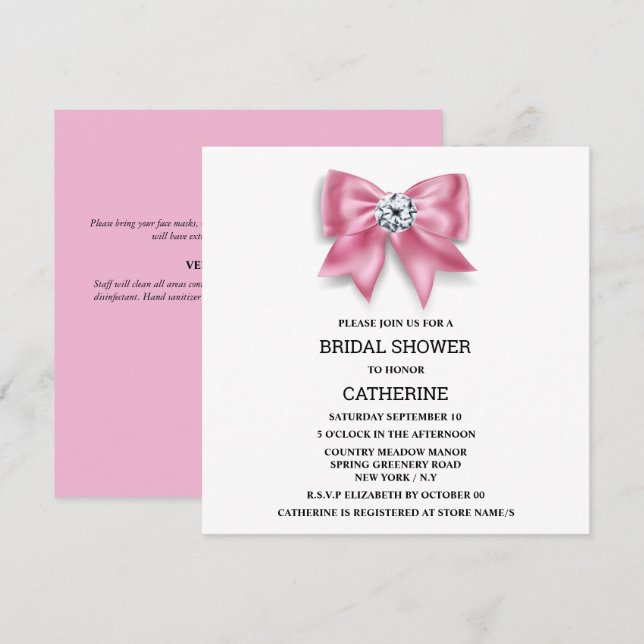 Pink bow shimmer diamond bridal shower invitation (Front/Back)