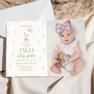 Pink Bow Silly Goose Balloons 2nd Birthday Photo Invitation