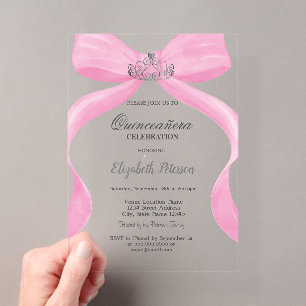 Pink Bow Silver Crown Quinceañera Acrylic Invitations