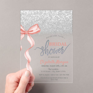 Pink Bow Silver Glitter Bokeh Bridal Shower Acrylic Invitations