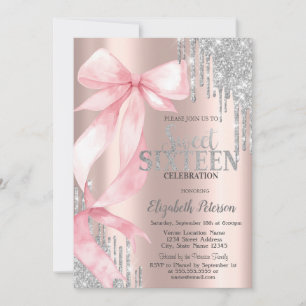 Pink Bow Silver Glitter Drips Rose Gold Sweet 16 Invitation