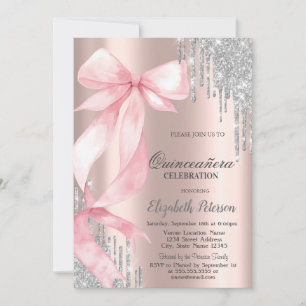 Pink Bow Silver Glitter Drips Rose GoldQuinceañera Invitation