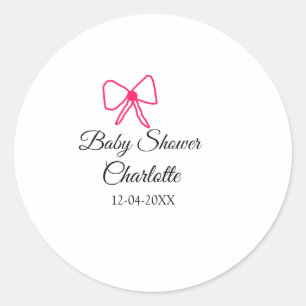 PINK BOW SIMPLE BABY SHOWER ADD NAME DATE MINIMAL CLASSIC ROUND STICKER
