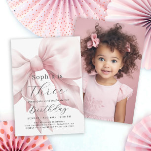 Pink Bow Simple Girly Birthday Party with Photo Invitation
