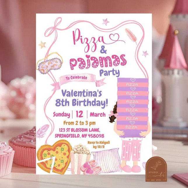 Pink Bow Slice of Pizza and Pyjamas Birthday Party Invitation (Creator Uploaded)