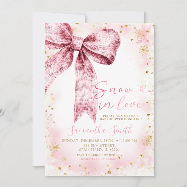 Pink Bow Snow In Love Baby Shower Sprinkled Invitation (Front)