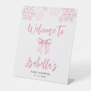 Pink Bow Snowflake Baby Shower Welcome Pedestal Sign