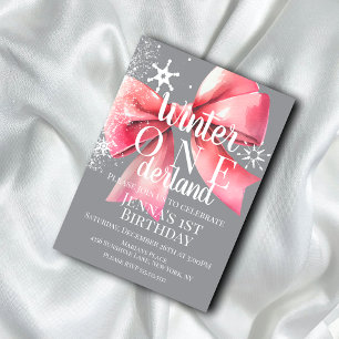 Pink Bow Snowflake Snow Script First Birthday B Invitation