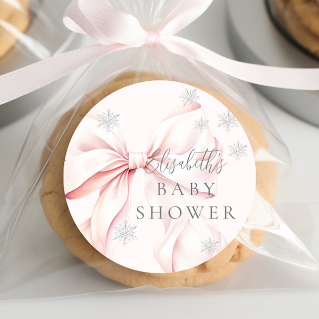 Pink Bow Snowflakes Baby Shower  Classic Round Sticker (Creator Uploaded)