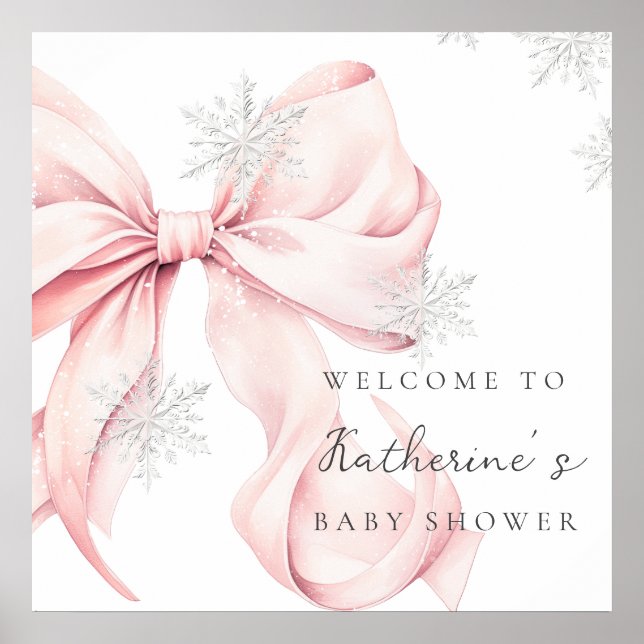 Pink Bow Snowflakes Baby Shower Welcome Poster (Front)