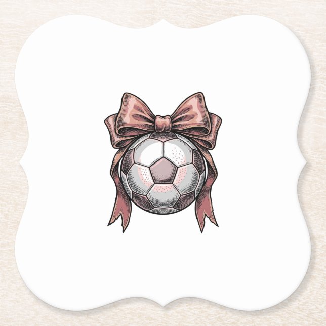 Pink Bow Soccer Ball Vintage Paper Coaster (Front)