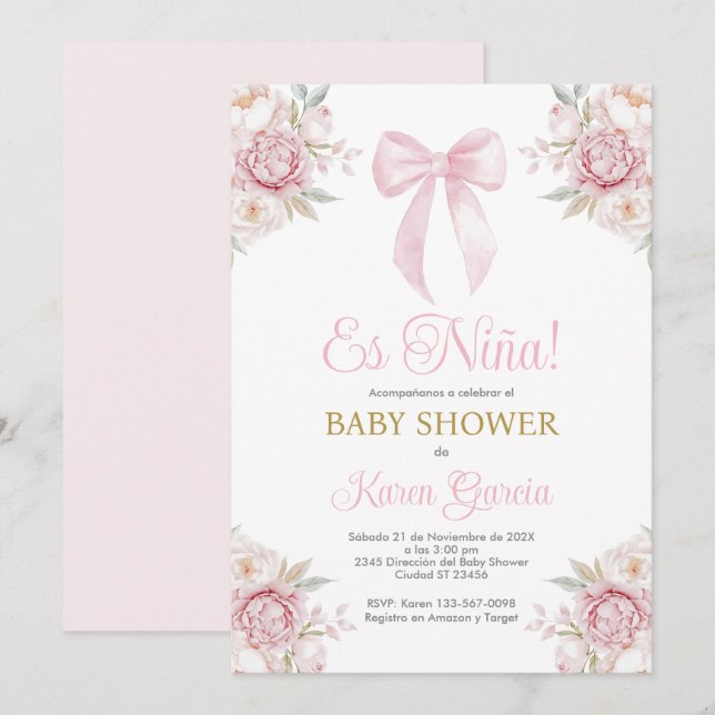 Pink Bow Spanish Baby Shower Girl Invitation (Front/Back)
