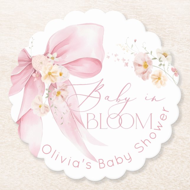 Pink Bow Spring wildflowers Baby in Bloom Paper Coaster (Front)