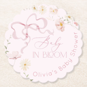 Pink Bow Spring wildflowers Baby in Bloom Paper Coaster
