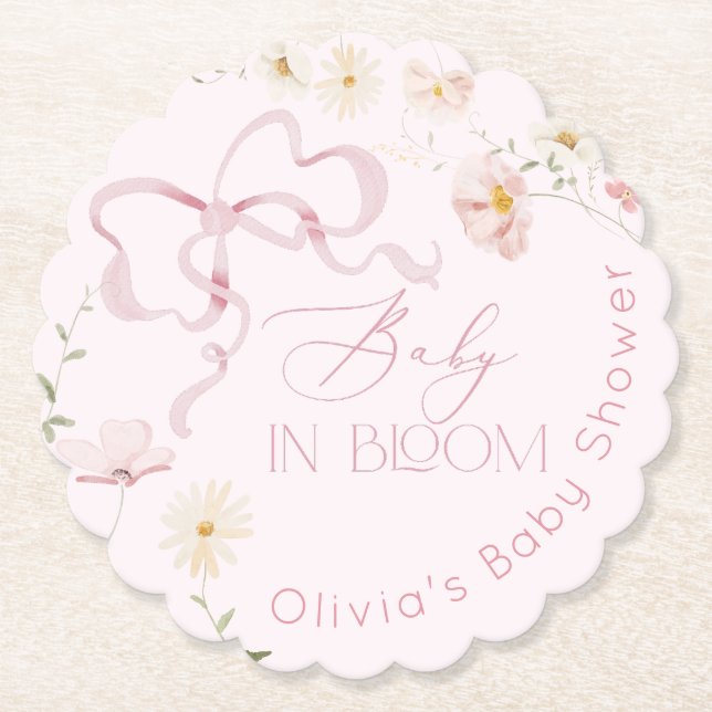 Pink Bow Spring wildflowers Baby in Bloom Paper Coaster (Front)