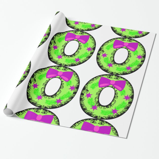 Pink Bow Stars and Green Christmas Holiday Wreath Wrapping Paper (Unrolled)