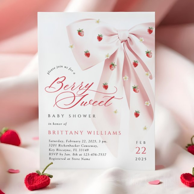 Pink Bow Strawberries Baby Shower Invitation (Creator Uploaded)