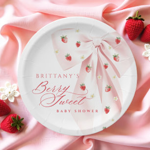 Pink Bow Strawberries Baby Shower Paper Plate