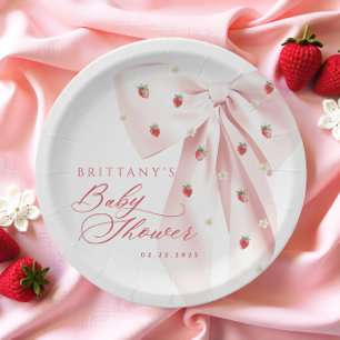 Pink Bow Strawberries Baby Shower Paper Plate