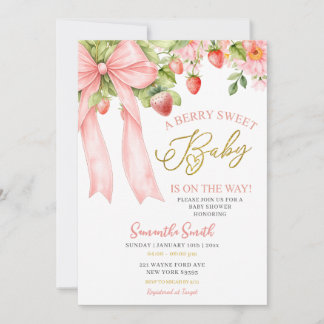 Pink Bow Strawberry Baby Shower Invitation