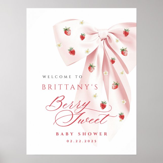 Pink Bow Strawberry Baby Shower Poster (Front)