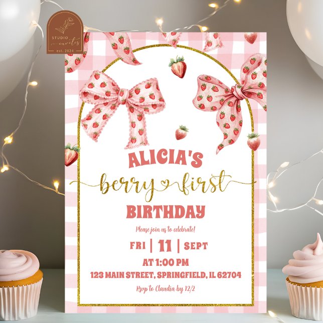 Pink Bow strawberry berry first birthday Invitation (Creator Uploaded)
