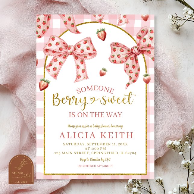 Pink Bow strawberry berry sweet baby shower Invitation (Creator Uploaded)