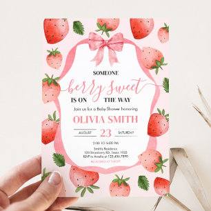 Pink Bow Strawberry Berry Sweet Baby Shower Invitation