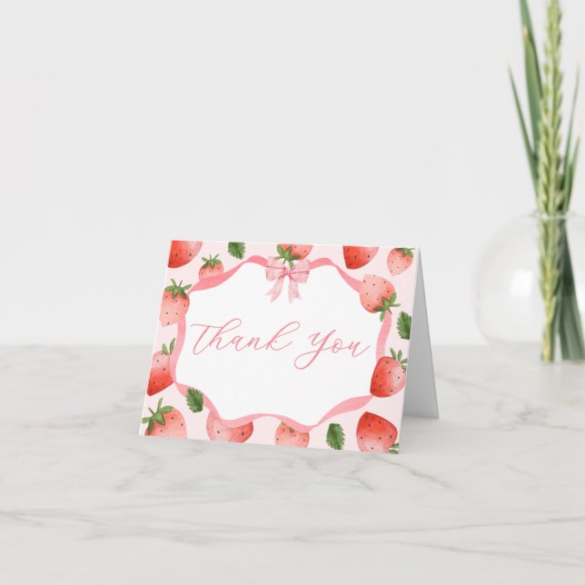 Pink Bow Strawberry Berry Sweet Baby Shower Thank You Card (Front)