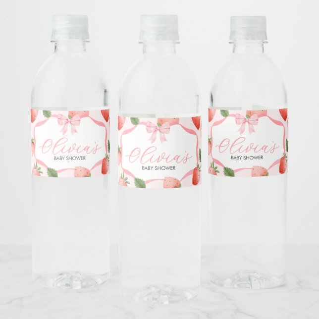 Pink Bow Strawberry Berry Sweet Baby Shower Water Bottle Label (Bottles)