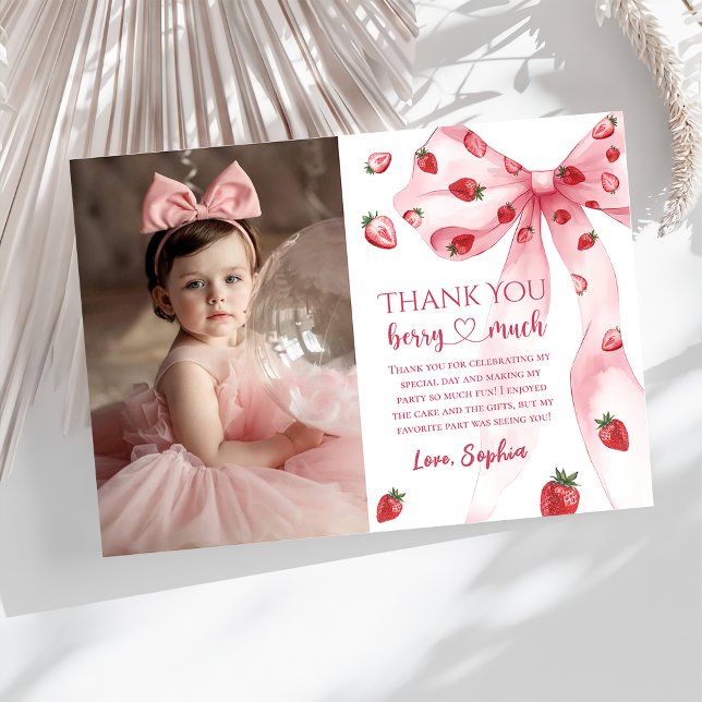 Pink Bow Strawberry Birthday Photo Thank You Card (Creator Uploaded)