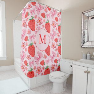 Pink Bow & Strawberry Monogram Shower Curtain