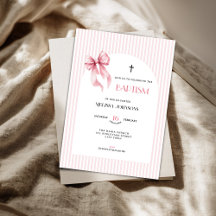Pink Bow Striped Baptism Invitation for Girls