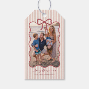Pink Bow Striped Christmas Photo Gift Tags