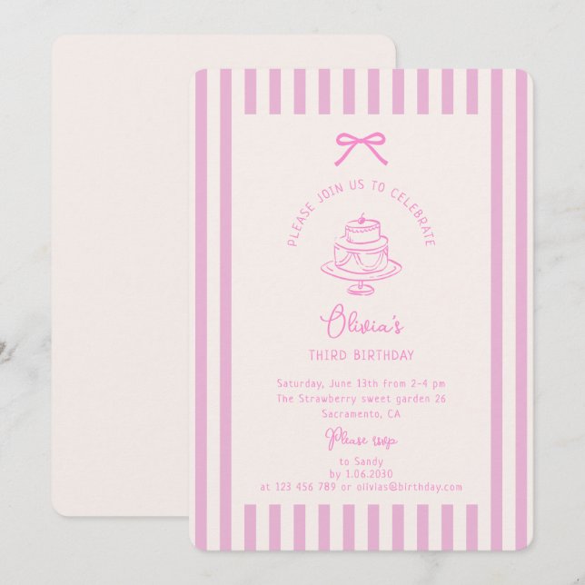 Pink Bow, Striped Pink | Purple birthday  Invitation (Front/Back)