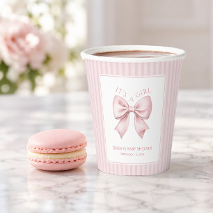Pink Bow Stripes Coquette Baby Shower It's a Girl Paper Cups