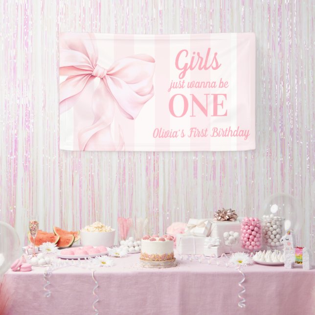 Pink Bow Stripes First Birthday Banner (Party)