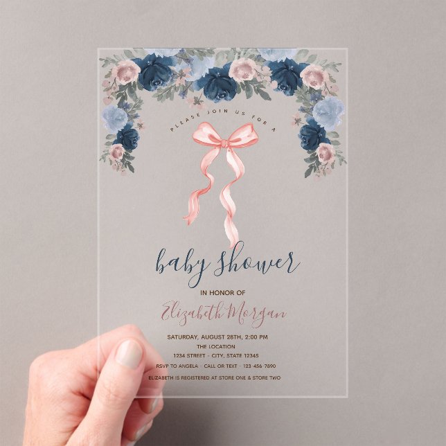 Pink Bow Stripes Flowers Baby Shower  Acrylic Invitations (Insitu (Handheld))
