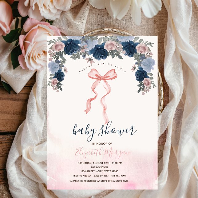 Pink Bow Stripes Flowers Baby Shower  Invitation (Creator Uploaded)