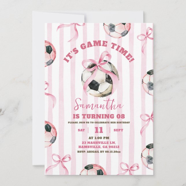 Pink Bow Stripes Girl Soccer Game Time Birthday Invitation (Front)