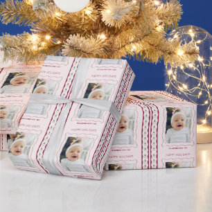 Pink Bow Stripes Photo Holiday Wrapping Paper
